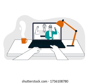 Vector illustration of video call to grandparents. Grandfather and grandmother on laptop screen, video conference. Online communication technology, relationships on distance, meeting on quarantine