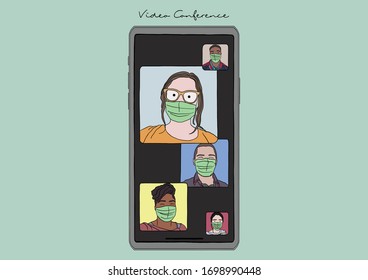 Vector Illustration of Video Conference / Video Call during COVID-19 pandemic, Social Distancing, Stay Home, Stay Safe