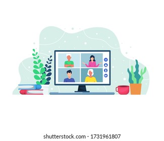 Ilustración vectorial Concepto de videoconferencia. Videoconferencia y espacio de trabajo en línea para reuniones. Personas en la pantalla del ordenador. Vector de estilo plano
