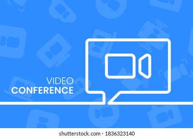 Ilustración vectorial para videoconferencia. Icono lineal del mensaje de vídeo sobre fondo azul. Cartel para cursos de video, video chat, streaming y trabajo remoto.