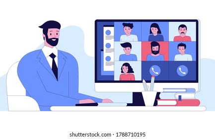 Vector illustration for video conference, remote work, technology concept. Group video conference. Man at desktop chatting with friends online. Worker using computer for collective virtual meeting.