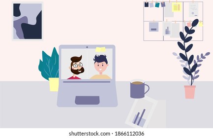 Vector illustration for video conference, remote work, technology concept. Computer for collective virtual meeting and group video conference. Houseplant, mood board, poster, cup of coffee on the desk