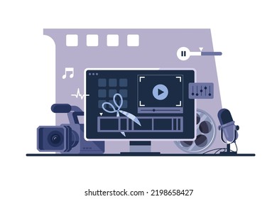 Vector illustration of video editing. Workplace of a video editor - computer with software, camera, reel. Production of multimedia content. Film montage process.