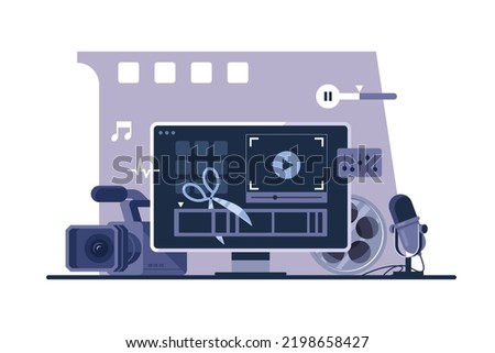 Vector illustration of video editing. Workplace of a video editor - computer with software, camera, reel. Production of multimedia content. Film montage process.