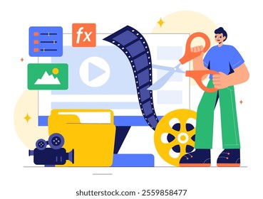 Vector Illustration of a Video Editor Program featuring Video Editing Software for Creating Animated Movies or Clips in a Flat Style Background