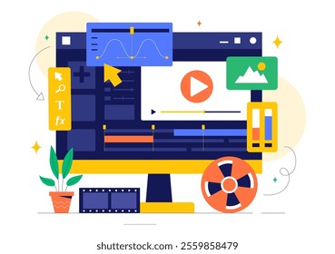 Vector Illustration of a Video Editor Program featuring Video Editing Software for Creating Animated Movies or Clips in a Flat Style Background