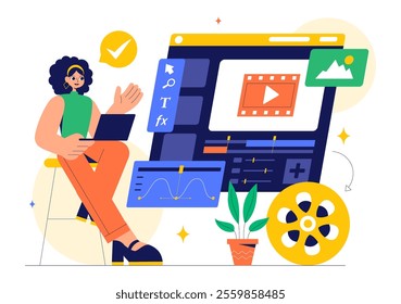 Vector Illustration of a Video Editor Program featuring Video Editing Software for Creating Animated Movies or Clips in a Flat Style Background