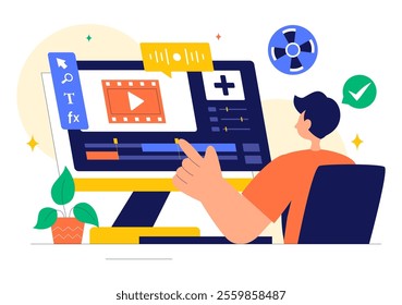 Vector Illustration of a Video Editor Program featuring Video Editing Software for Creating Animated Movies or Clips in a Flat Style Background