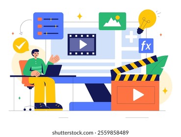 Vector Illustration of a Video Editor Program featuring Video Editing Software for Creating Animated Movies or Clips in a Flat Style Background