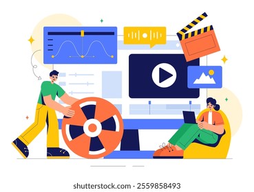 Vector Illustration of a Video Editor Program featuring Video Editing Software for Creating Animated Movies or Clips in a Flat Style Background