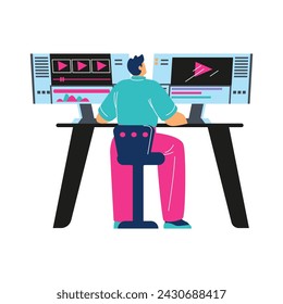 Vector illustration of a video editor working on a computer with dual monitors, engaged in the post-production process