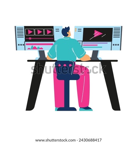 Vector illustration of a video editor working on a computer with dual monitors, engaged in the post-production process