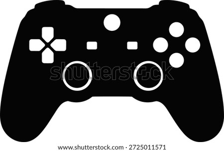Vector illustration of video game controller icon with buttons, joystick, silhouette style, gaming hardware, and entertainment symbol design