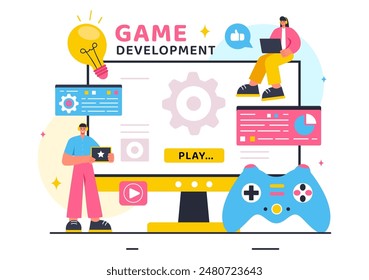 Vector Illustration of Video Game Development with Games, Digital Technology, Programming, and Coding in a Flat Style Cartoon Background