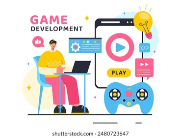 Vector Illustration of Video Game Development with Games, Digital Technology, Programming, and Coding in a Flat Style Cartoon Background
