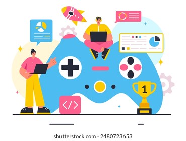 Ilustración vectorial Video del desarrollo de juegos con Juegos, Tecnología digital, programación y codificación en un fondo plano de dibujos animados