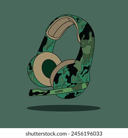 Vector illustration of video game headphones with camouflage pattern. War style gamer headphones cartoon.	