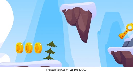 Vector illustration of a video game level with floating platforms, gold coins, and a key. Snow-covered rocks and a small tree are set against a blue sky, creating a fun and adventurous scene.