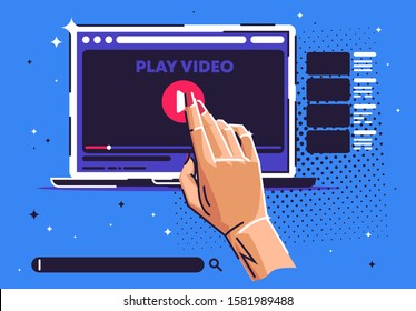 vector illustration of a video playback on the laptop screen, selecting a video, the hand presses the button to play the video