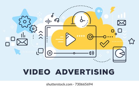 Vector illustration of video player and icons. Video advertising concept on blue background with title. Thin line art flat style design for web, site, banner, business presentation