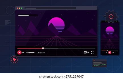 A vector illustration of a video player interface on a desktop and mobile device featuring a synthwave landscape with a pink sun and purple mountains over a dark grid background.