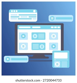 vector illustration of a video streaming and media player interface displayed on a computer monitor. The design features video thumbnails, play and pause buttons and floating UI elements,