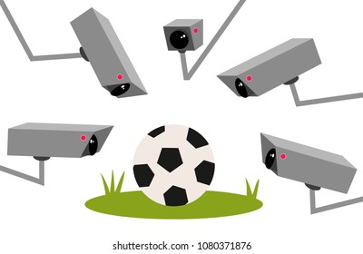 Vector illustration of video technology in football, VAR, ball on football field with many surveillance cameras surrounding it, commercialization