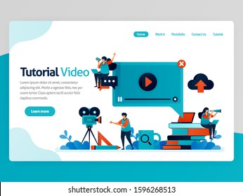 Vector illustration for video tutorial landing page. Learning platform, broadcast production for education. Modern learning. Tutoring chat and webinar lessons. Homepage header web page template apps