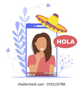 Vector illustration of video tutorial for learning spanish language. Tutoring online. Online education. Hola. Hello. Good afternoon. Language school. Online learning. Online courses