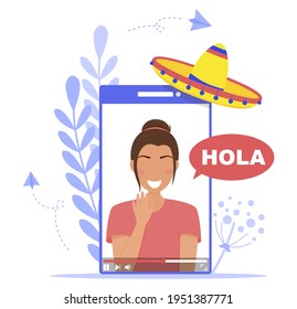 Vector Illustration Of Video Tutorials For Learning Spanish Language. Spanish Tutor. Online Education. Language School.Spanish Language. Teacher. Hola.Hello. Video Tutorial For Student.