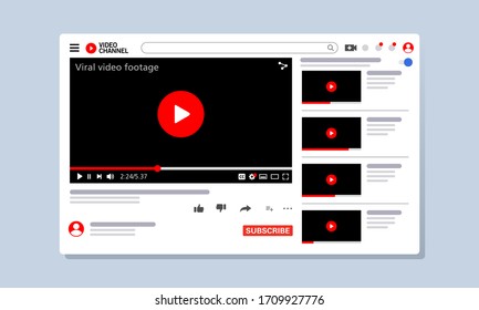 Vector illustration of a video viewer web page. Suitable for promotion of the latest video channels, layout templates, and user interface from web videos. Web page template for video browser channels.