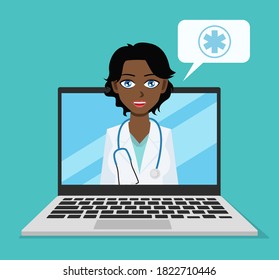 Vector illustration of videoconference with a doctor. Laptop with doctor on the screen.
