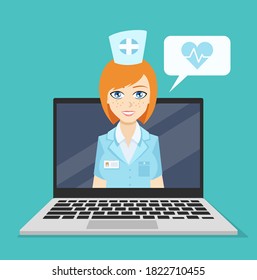 Ilustración vectorial de la videoconferencia con una enfermera. Portátil con enfermera en pantalla.