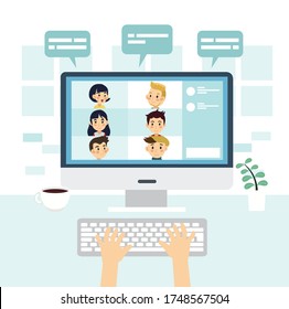 Vector illustration of videoconference ,using computer for group video conference. chatting with friends online. remote work, technology concept.