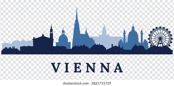 Vector illustration of Vienna city skyline silhouette. Famous landmarks of the Austrian capital in blue colors isolated on a transparent background.