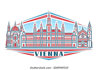 Vector illustration of Vienna, horizontal poster with linear design historic vienna city scape on day sky background, urban line art concept with decorative lettering for blue word vienna on white.