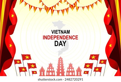 vector illustration for Vietnam independence day - September 2 with typography and flying flags, silhouette of a map of Vietnam and several landmarks in Vietnam