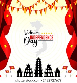 vector illustration for Vietnam independence day - September 2 with typography and flying flags, silhouette of a map of Vietnam and several landmarks in Vietnam