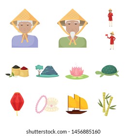 Vector illustration of vietnam and tourism symbols. Set of vietnam and travel vector icon for stock.
