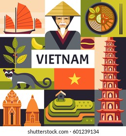  Vector illustration with Vietnamese culture, food and nature icons, including Portrait of Vietnamese, soup pho, Cham towers and rice plantations in trendy flat style.