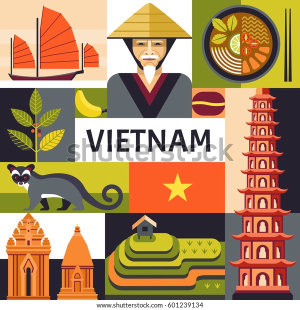 ベトナムの文化 食べ物 自然のアイコンを持つベクターイラスト ベトナムのポートレート スープフォー チャムタワー トレンディーな平らな田園風景 のベクター画像素材 ロイヤリティフリー
