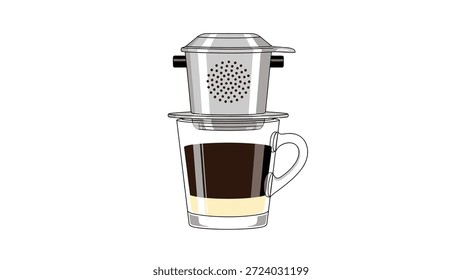 Ilustração vetorial de café vietnamita gotejamento (Phin) com leite condensado em um vidro transparente.