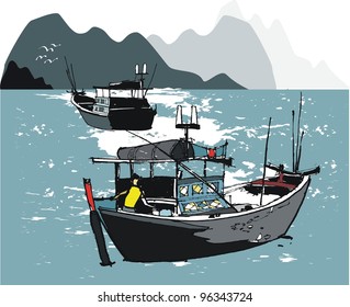 Vector illustration of Vietnamese fishing boats at sea