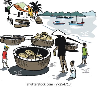 Vector illustration of Vietnamese fishing coracles on beach