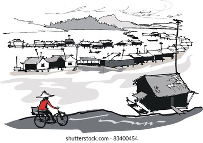 Vector illustration of Vietnamese fishing village