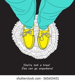 Vista de ilustración vectorial desde arriba. Vista superior selfie de zapatos. Pies vectores desde arriba. Selfie de hombre hipster vectorial. ¿Zapatos de cadera? Añade tu inscripción para crear tu propio diseño único.