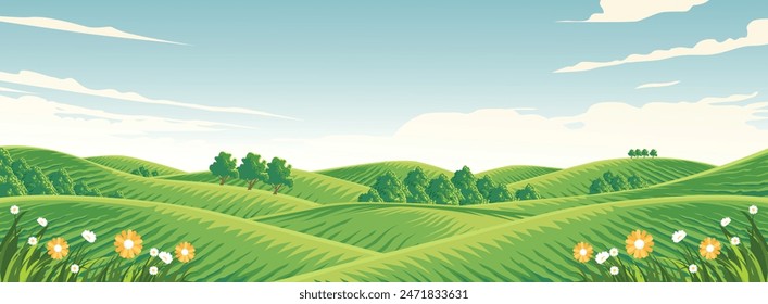 Ilustración vectorial de una vista de colinas agrícolas