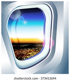 vector illustration view from the airplane over the city at dawn