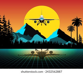 Vector illustration of a view of the airport in the evening.