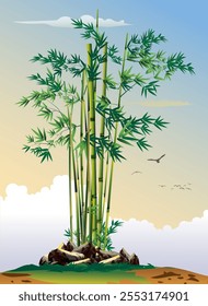 Vector illustration of a view of bamboo trees on a hill with beautiful leaves and trunks.